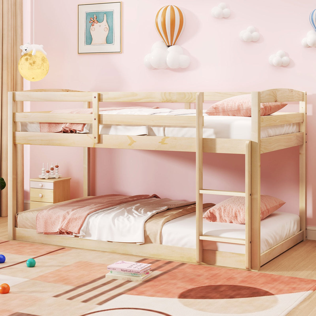 Twin Size Bunk Bed with High Guardrails and Integrated Ladder-Natural-Toddler Beds-DECOROLALA