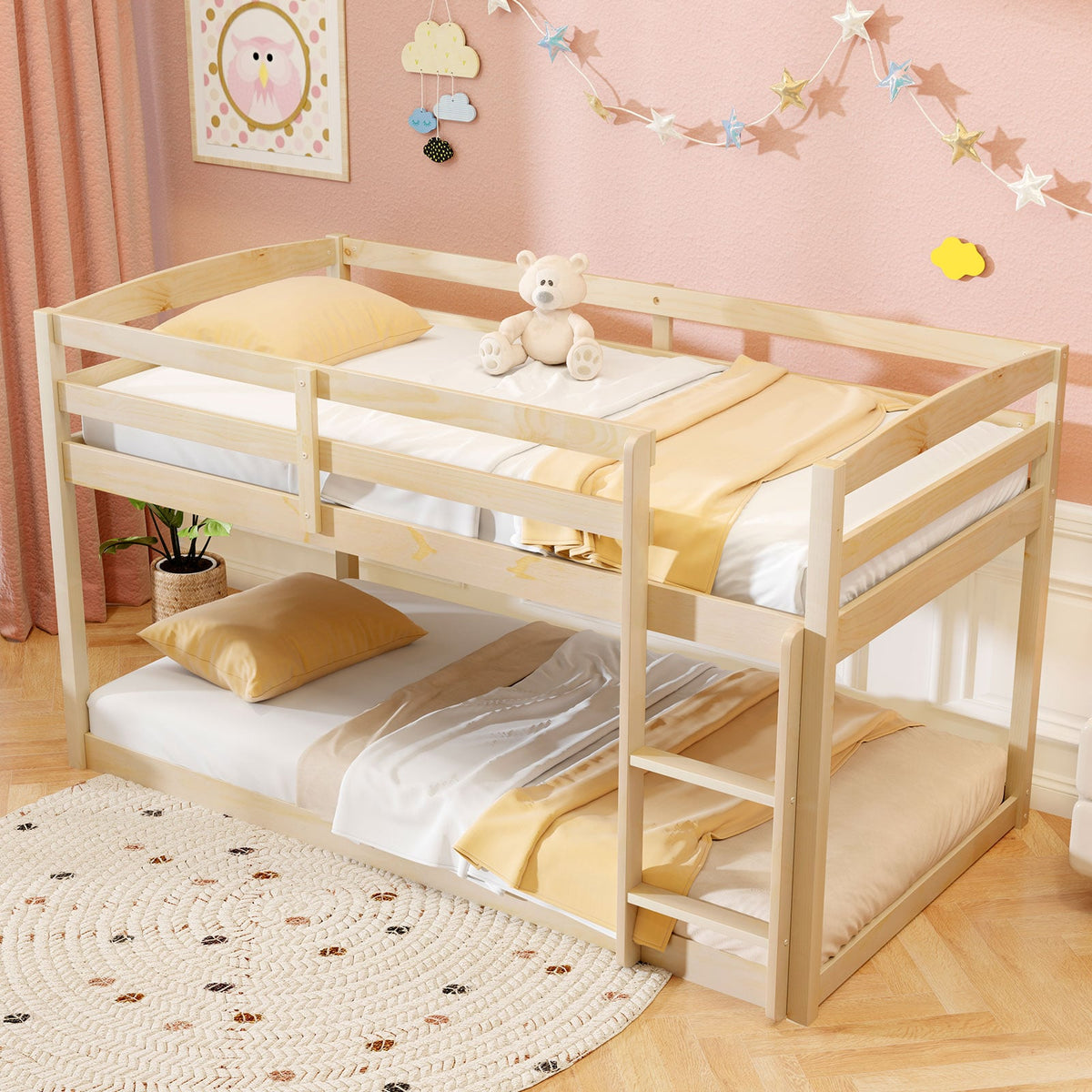 Twin Size Bunk Bed with High Guardrails and Integrated Ladder-Natural-Toddler Beds-DECOROLALA