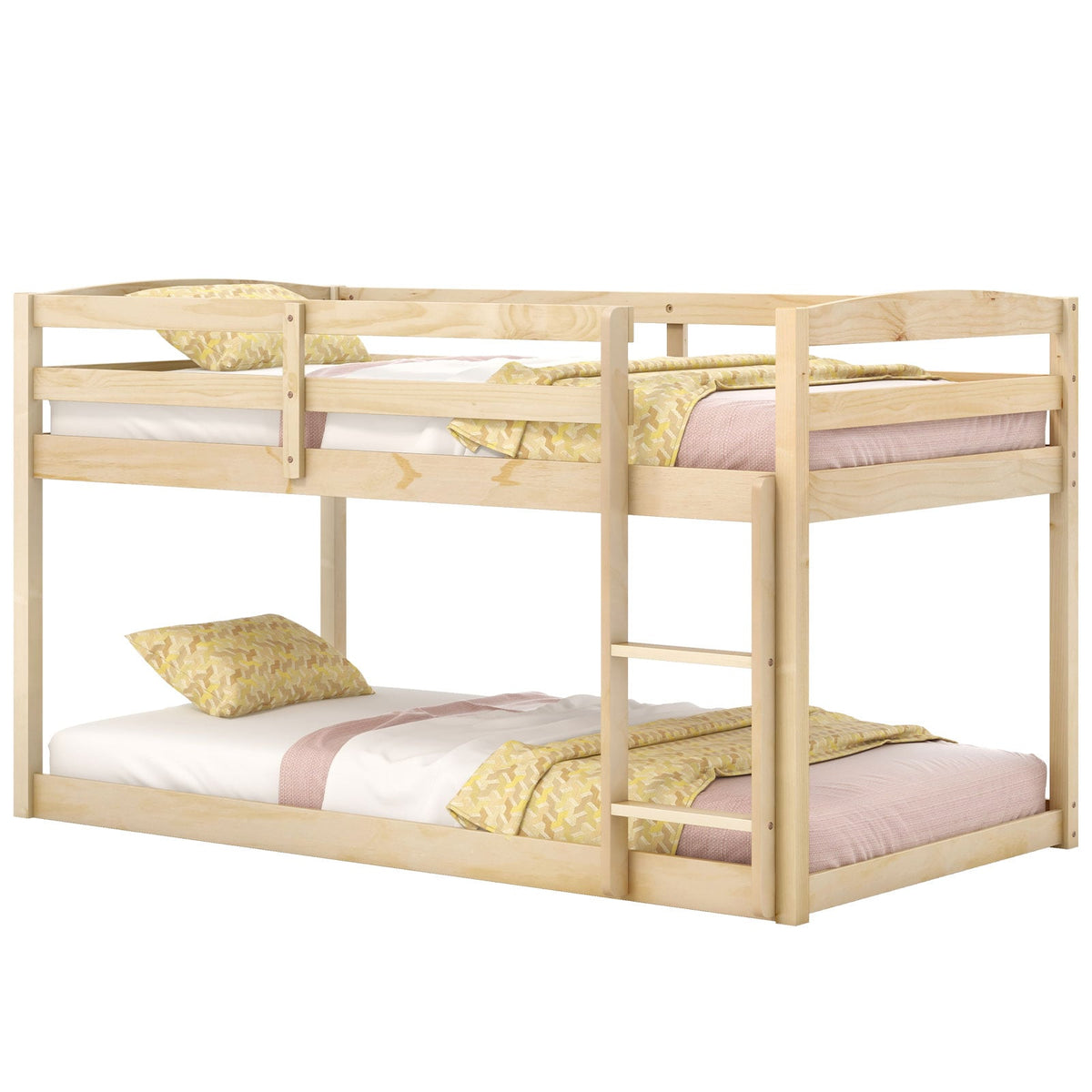 Twin Size Bunk Bed with High Guardrails and Integrated Ladder-Natural-Toddler Beds-DECOROLALA