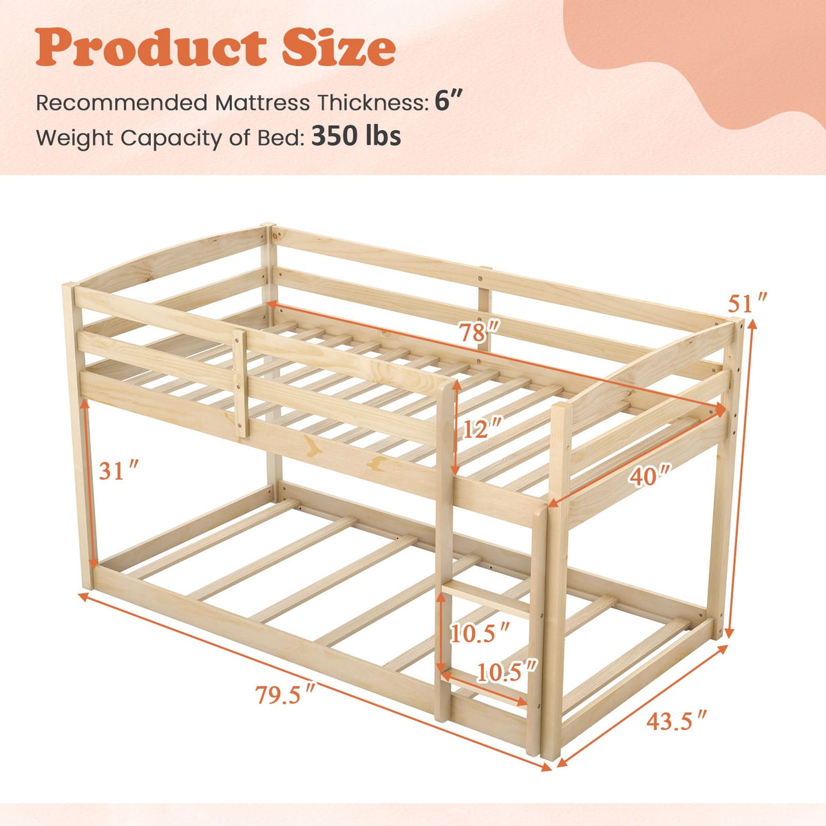 Twin Size Bunk Bed with High Guardrails and Integrated Ladder-Natural-Toddler Beds-DECOROLALA