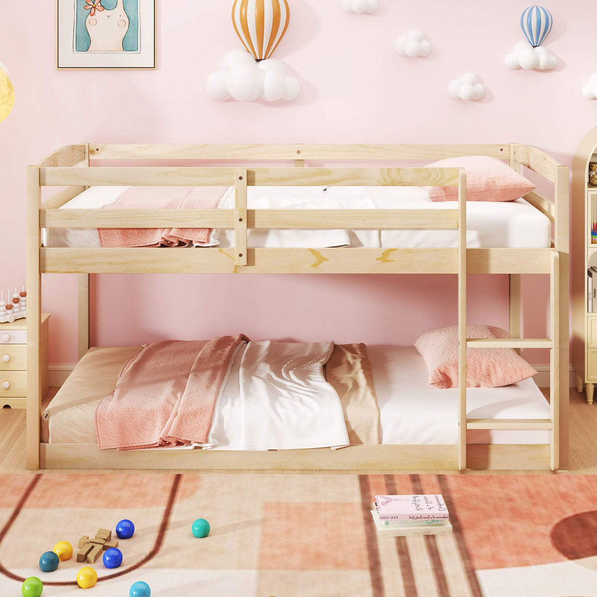 Twin Size Bunk Bed with High Guardrails and Integrated Ladder-Natural-Toddler Beds-DECOROLALA