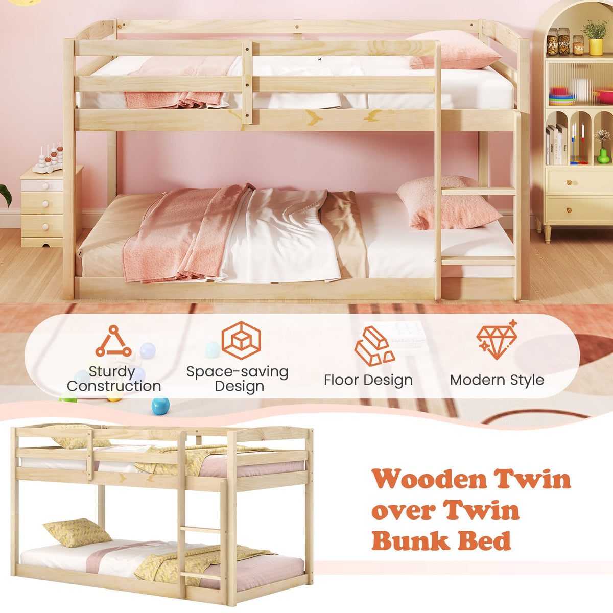 Twin Size Bunk Bed with High Guardrails and Integrated Ladder-Natural-Toddler Beds-DECOROLALA