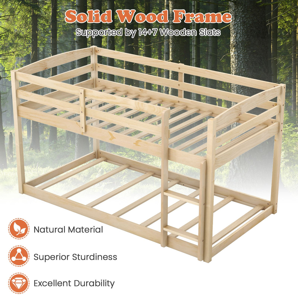 Twin Size Bunk Bed with High Guardrails and Integrated Ladder-Natural-Toddler Beds-DECOROLALA