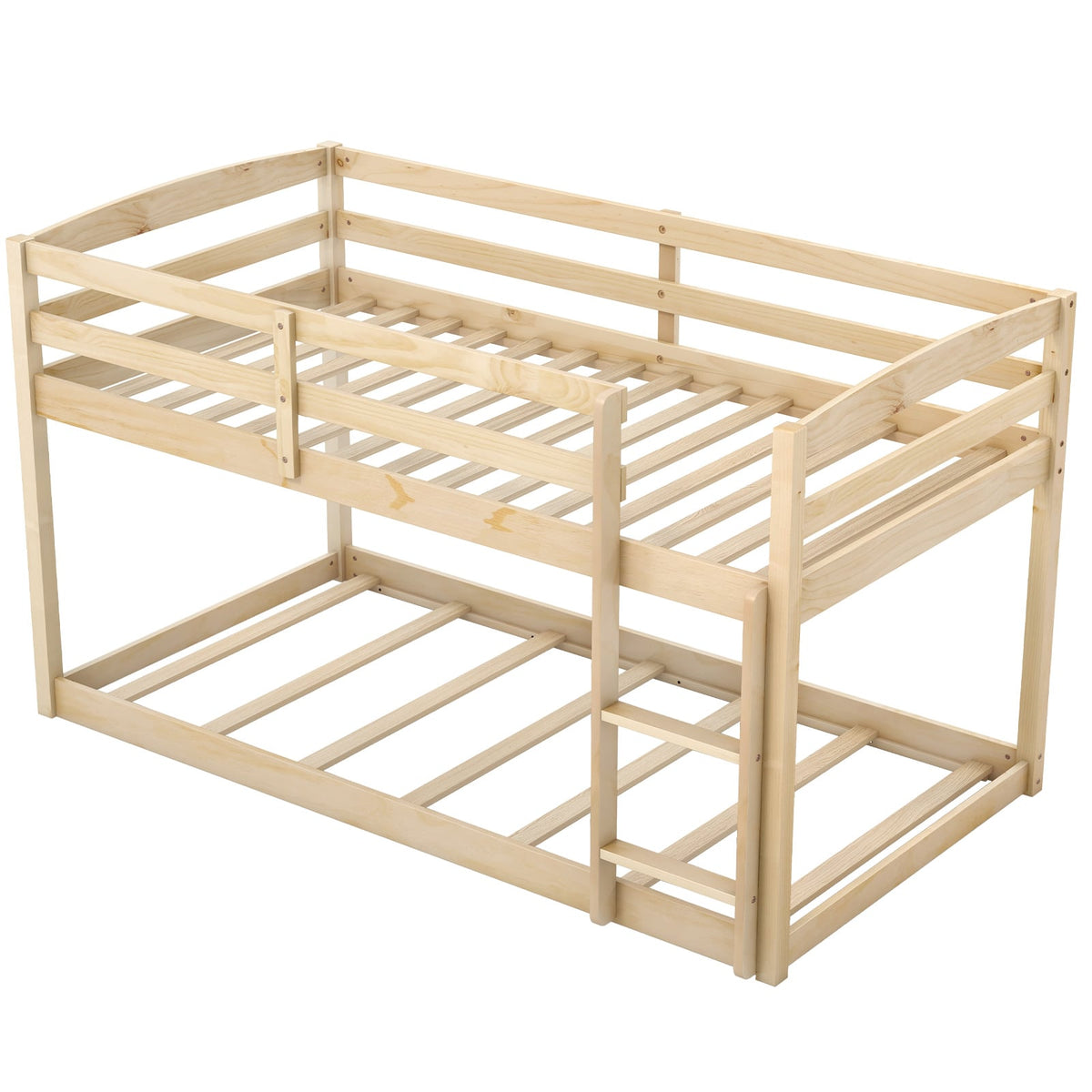 Twin Size Bunk Bed with High Guardrails and Integrated Ladder-Natural-Toddler Beds-DECOROLALA