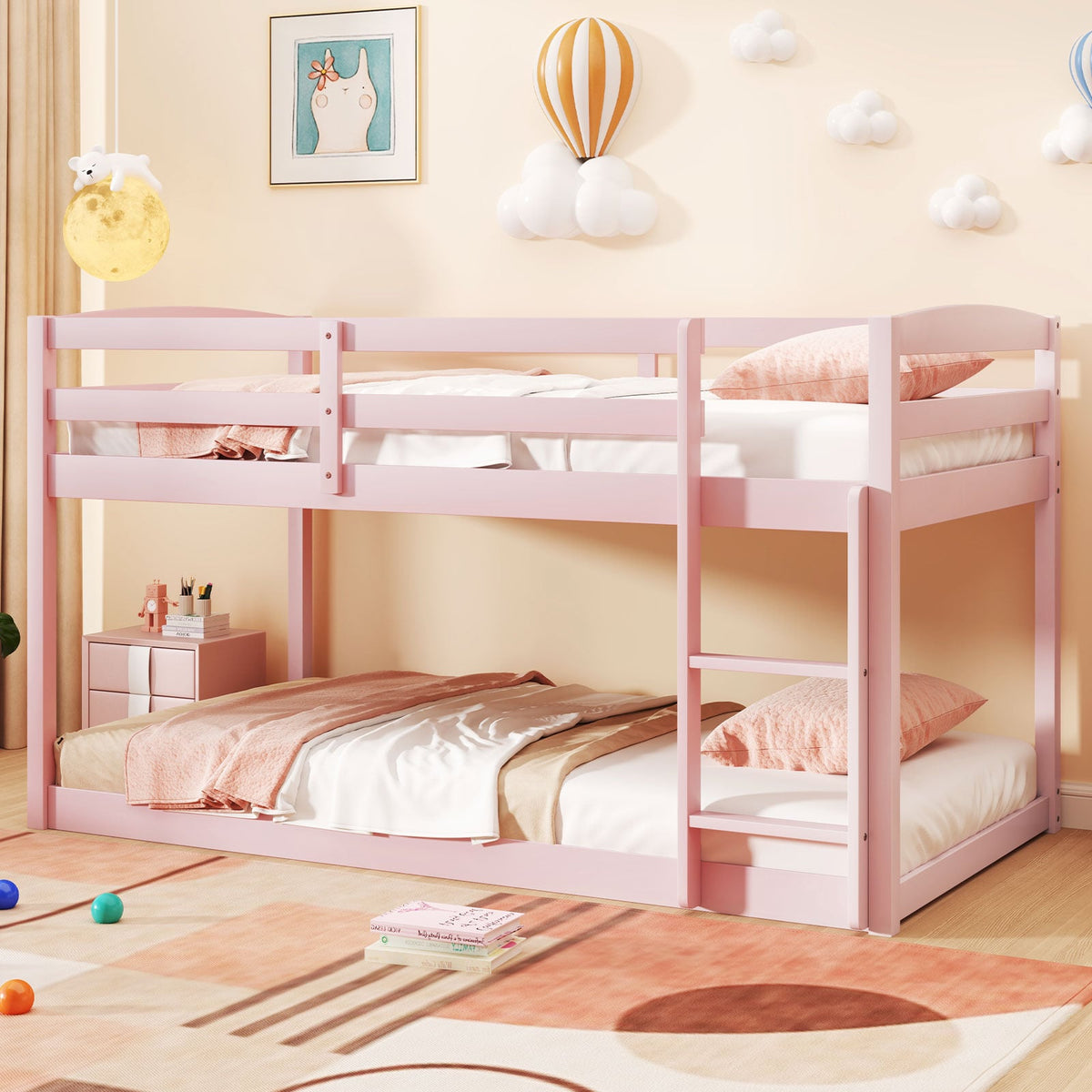 Twin Size Bunk Bed with High Guardrails and Integrated Ladder-Pink-Toddler Beds-DECOROLALA