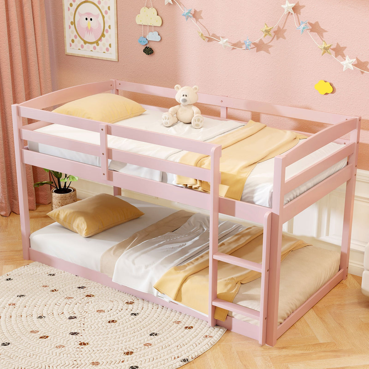 Twin Size Bunk Bed with High Guardrails and Integrated Ladder-Pink-Toddler Beds-DECOROLALA