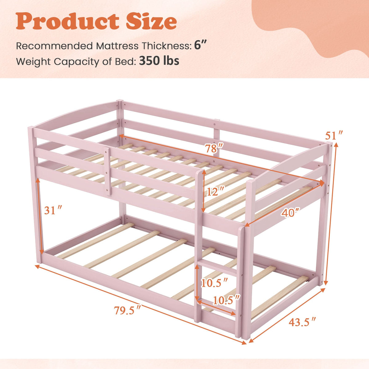 Twin Size Bunk Bed with High Guardrails and Integrated Ladder-Pink-Toddler Beds-DECOROLALA