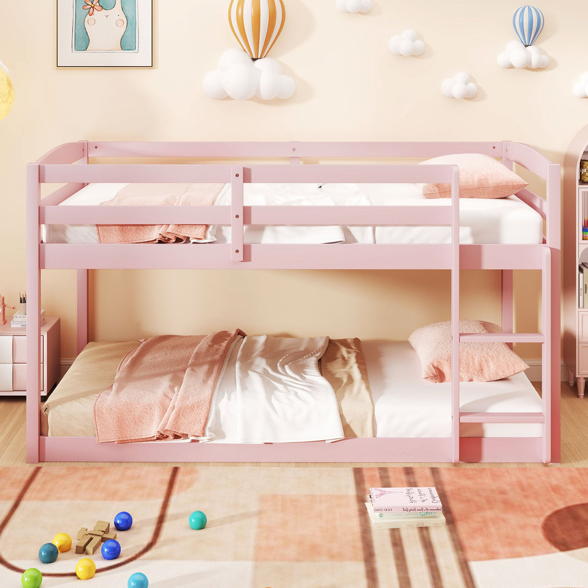 Twin Size Bunk Bed with High Guardrails and Integrated Ladder-Pink-Toddler Beds-DECOROLALA