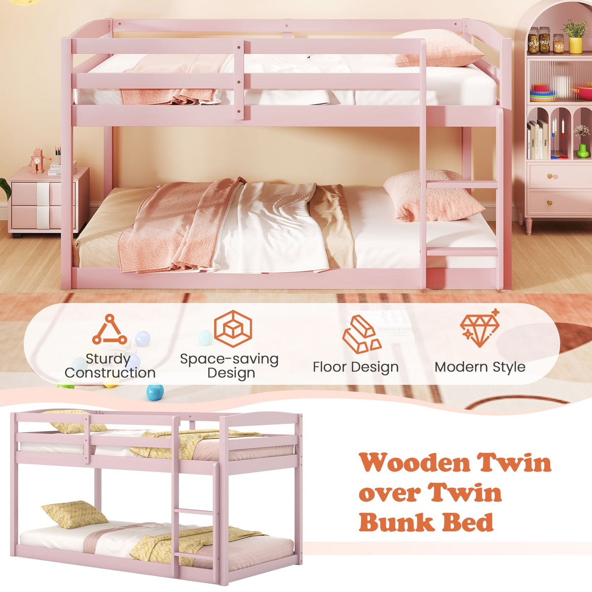 Twin Size Bunk Bed with High Guardrails and Integrated Ladder-Pink-Toddler Beds-DECOROLALA