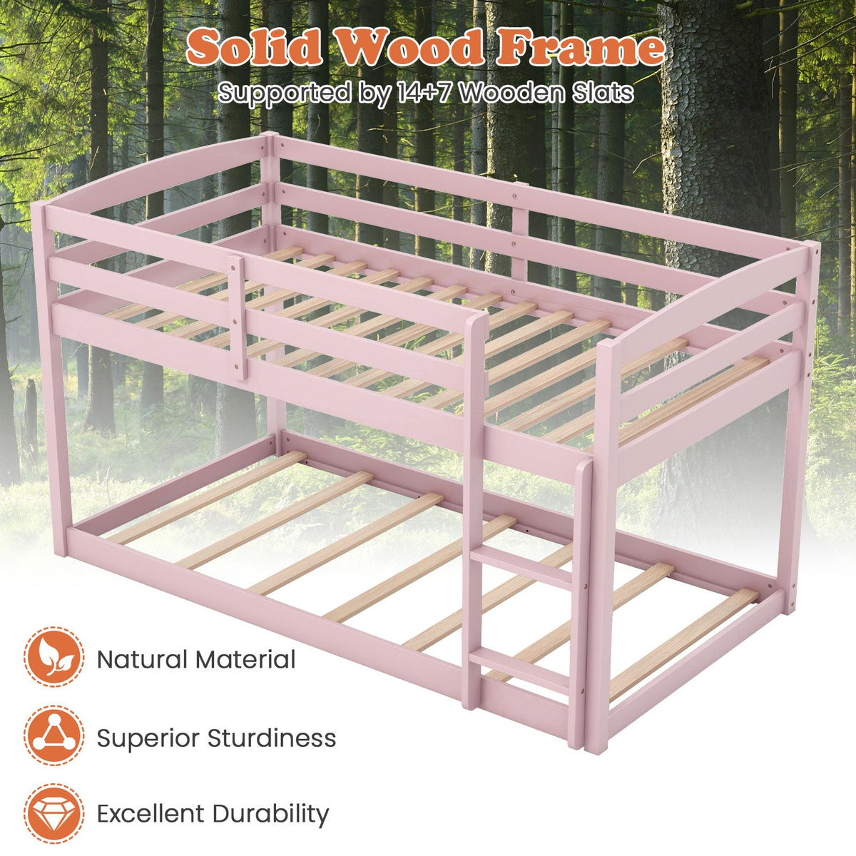 Twin Size Bunk Bed with High Guardrails and Integrated Ladder-Pink-Toddler Beds-DECOROLALA