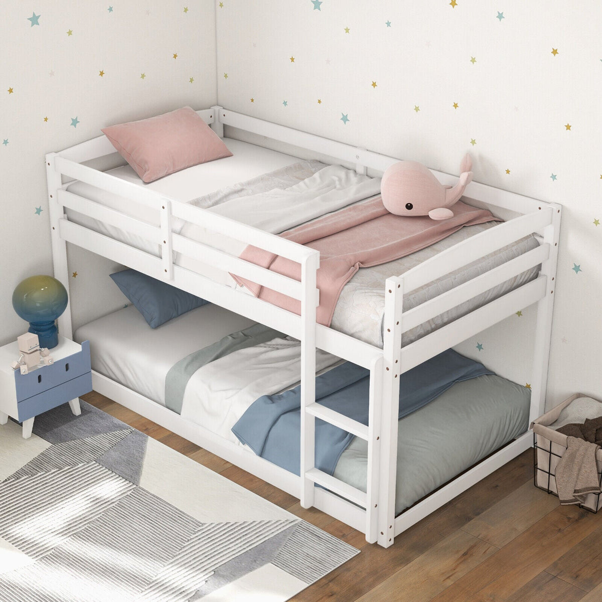 Twin Size Bunk Bed with High Guardrails and Integrated Ladder-White-Toddler Beds-DECOROLALA