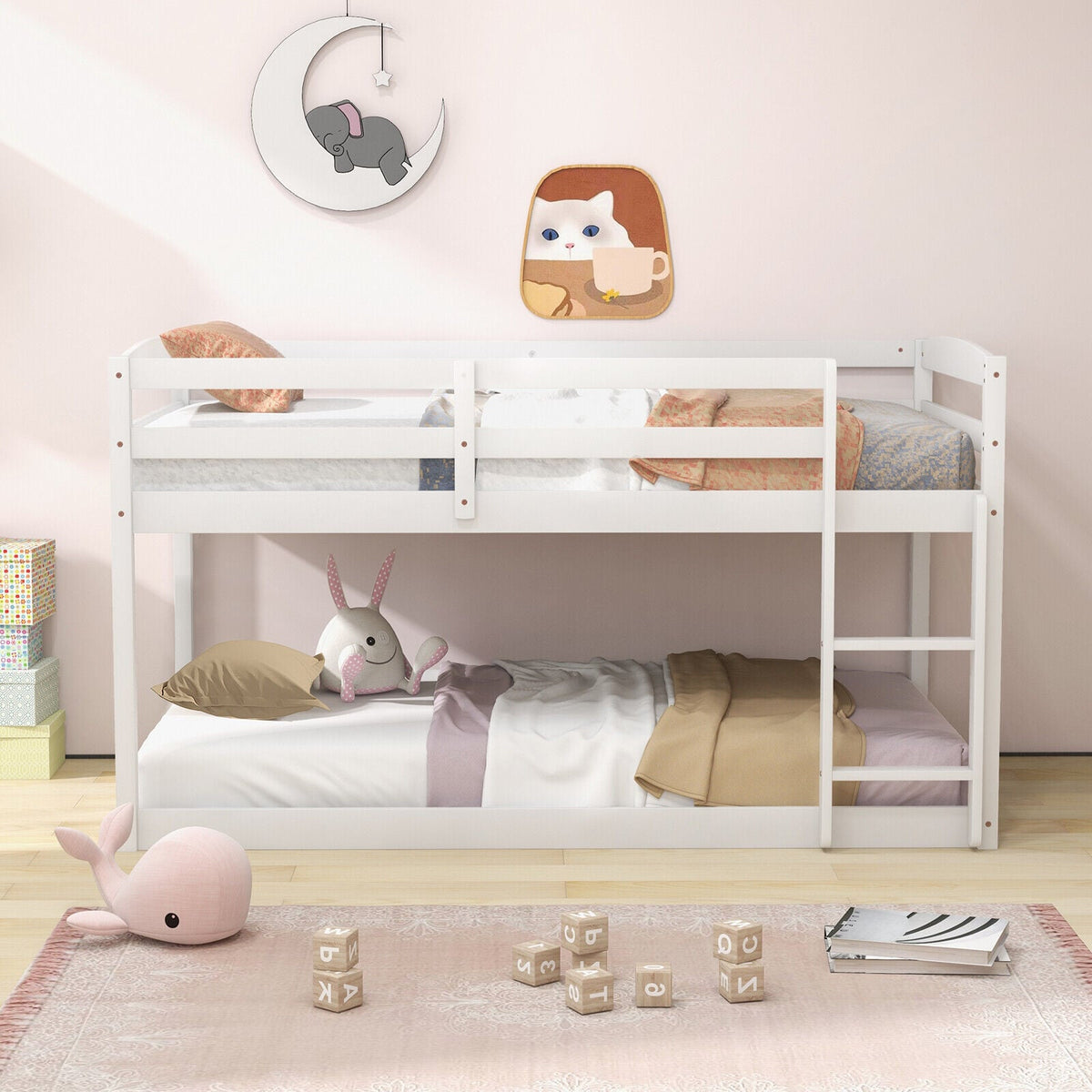 Twin Size Bunk Bed with High Guardrails and Integrated Ladder-White-Toddler Beds-DECOROLALA
