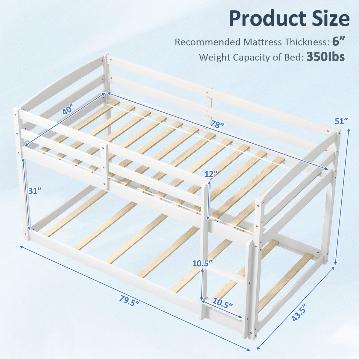 Twin Size Bunk Bed with High Guardrails and Integrated Ladder-White-Toddler Beds-DECOROLALA