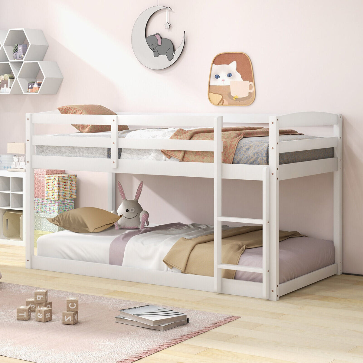 Twin Size Bunk Bed with High Guardrails and Integrated Ladder-White-Toddler Beds-DECOROLALA