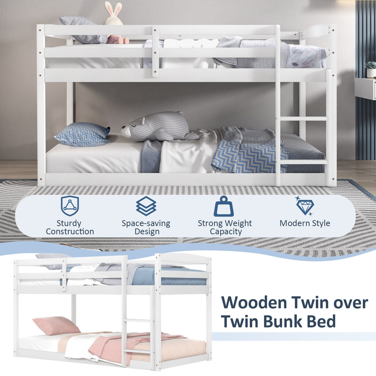 Twin Size Bunk Bed with High Guardrails and Integrated Ladder-White-Toddler Beds-DECOROLALA