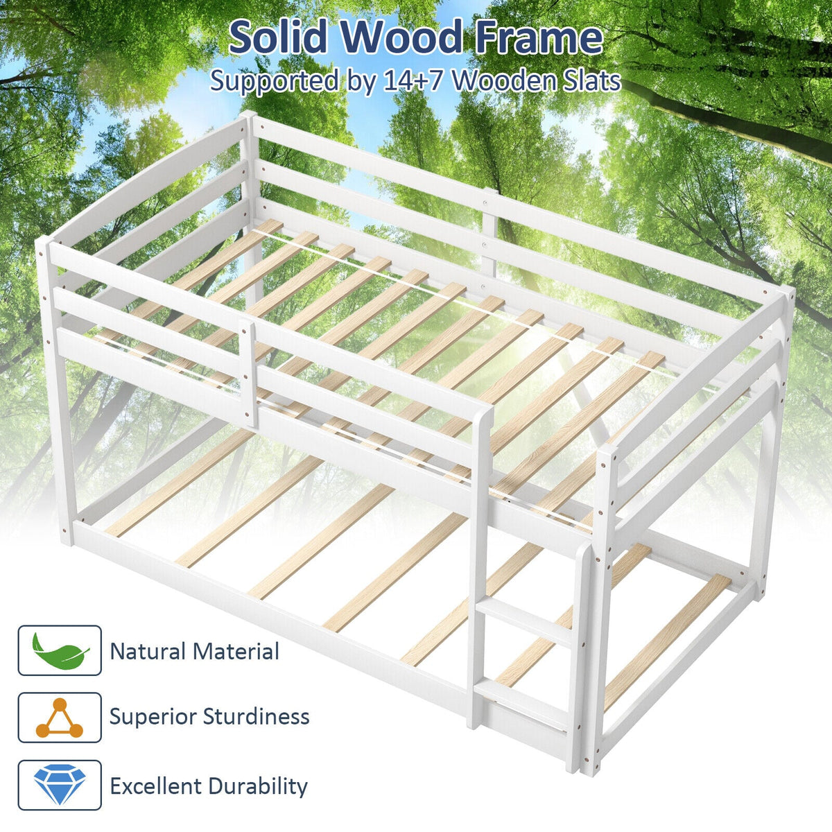 Twin Size Bunk Bed with High Guardrails and Integrated Ladder-White-Toddler Beds-DECOROLALA