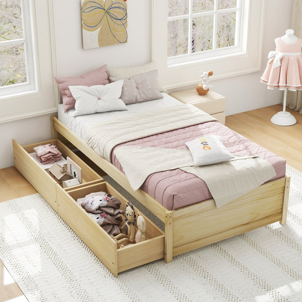 Twin Size Captain Bed with 2 Drawers and Slats Support-Natural-Simple Bed Frame-DECOROLALA
