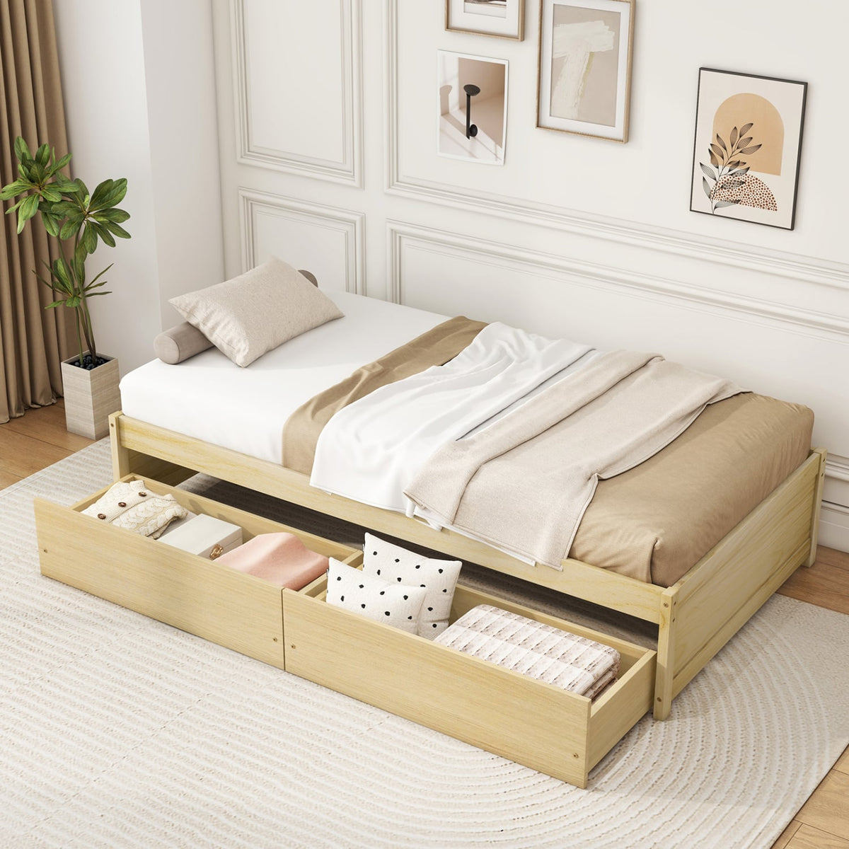 Twin Size Captain Bed with 2 Drawers and Slats Support-Natural-Simple Bed Frame-DECOROLALA