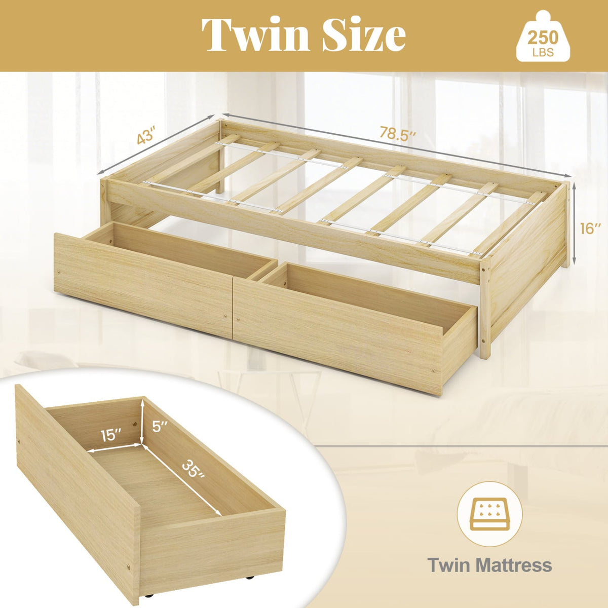 Twin Size Captain Bed with 2 Drawers and Slats Support-Natural-Simple Bed Frame-DECOROLALA