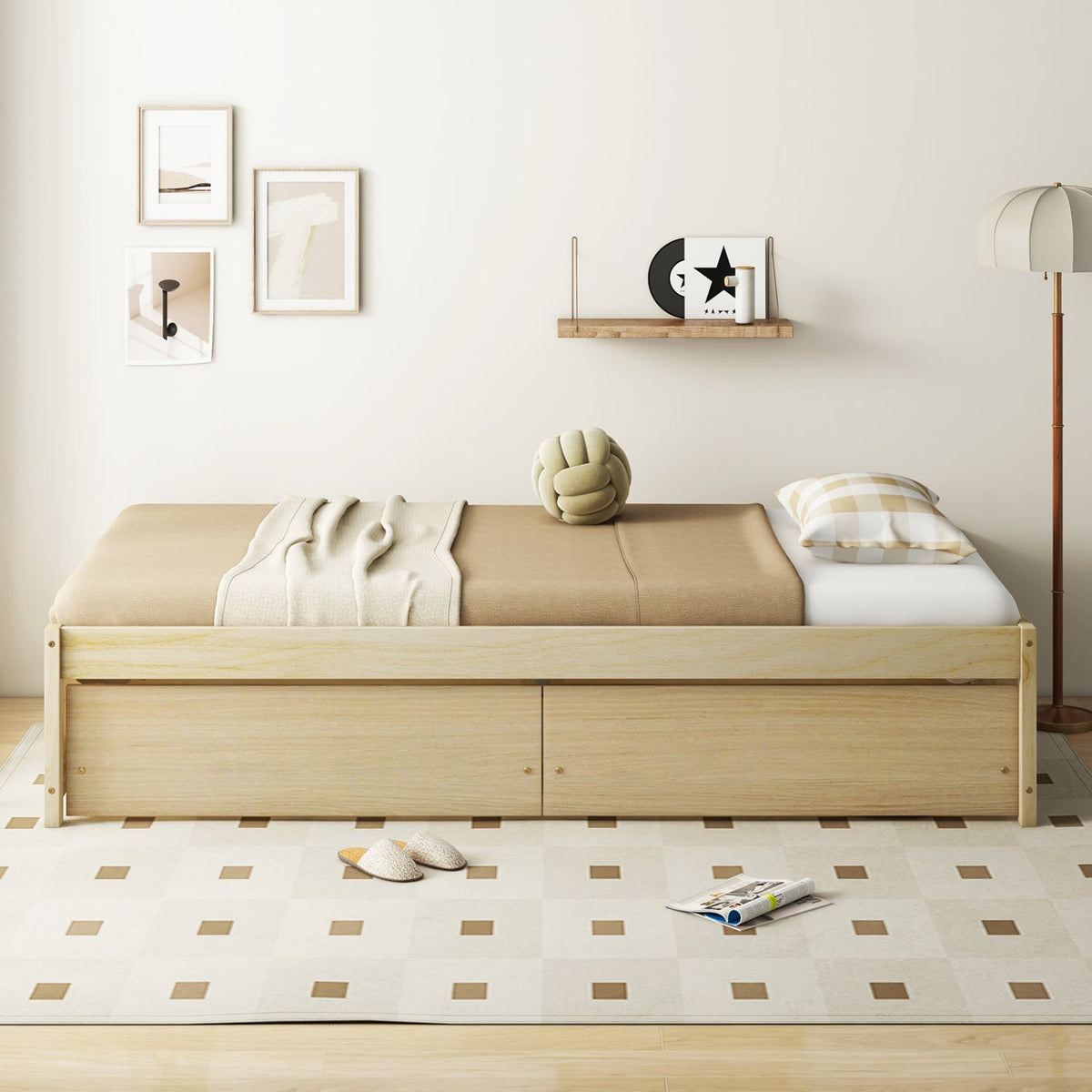 Twin Size Captain Bed with 2 Drawers and Slats Support-Natural-Simple Bed Frame-DECOROLALA
