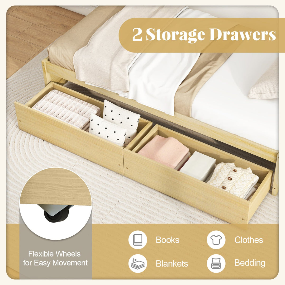 Twin Size Captain Bed with 2 Drawers and Slats Support-Natural-Simple Bed Frame-DECOROLALA