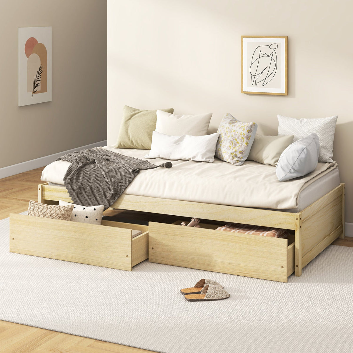 Twin Size Captain Bed with 2 Drawers and Slats Support-Simple Bed Frame-DECOROLALA