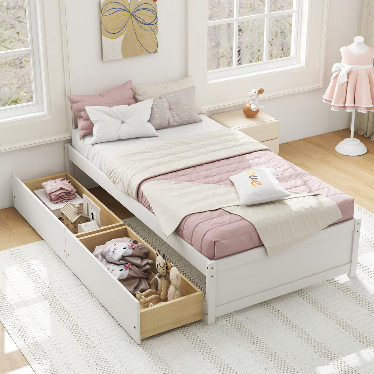 Twin Size Captain Bed with 2 Drawers and Slats Support-Simple Bed Frame-DECOROLALA