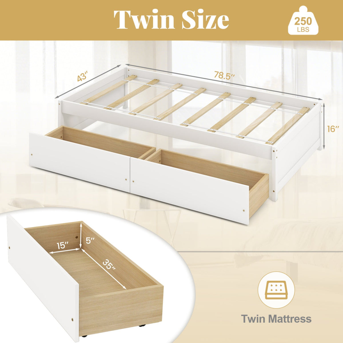 Twin Size Captain Bed with 2 Drawers and Slats Support-Simple Bed Frame-DECOROLALA