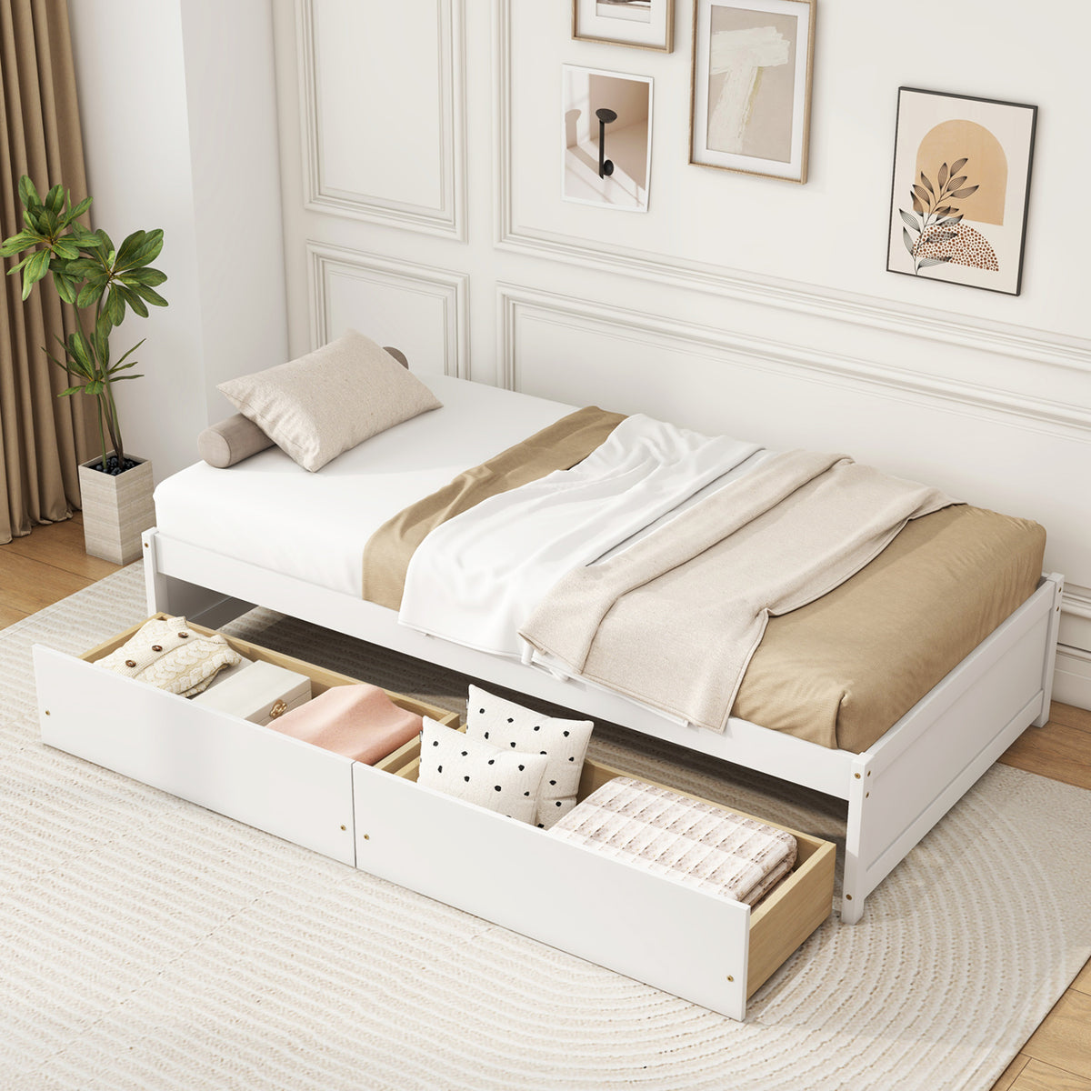 Twin Size Captain Bed with 2 Drawers and Slats Support-White-Simple Bed Frame-DECOROLALA