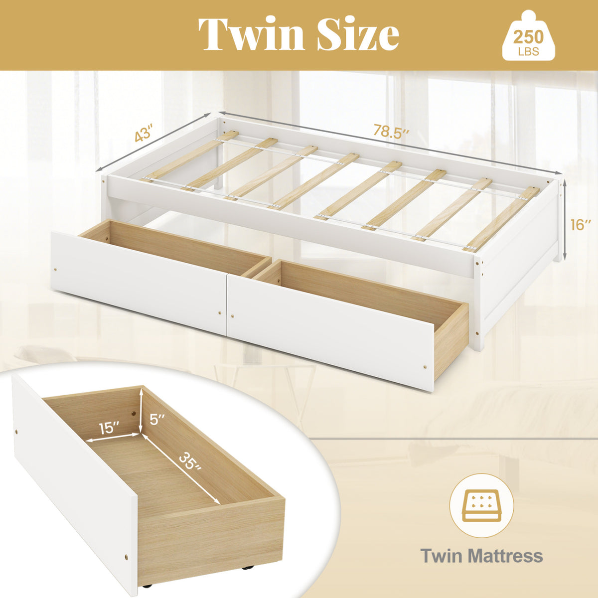 Twin Size Captain Bed with 2 Drawers and Slats Support-White-Simple Bed Frame-DECOROLALA