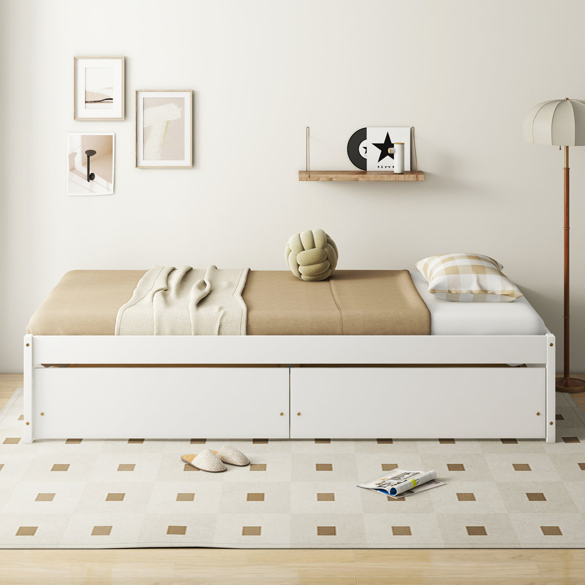 Twin Size Captain Bed with 2 Drawers and Slats Support-White-Simple Bed Frame-DECOROLALA