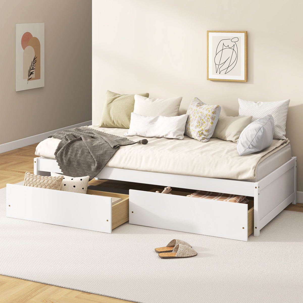 Twin Size Captain Bed with 2 Drawers and Slats Support-White-Simple Bed Frame-DECOROLALA
