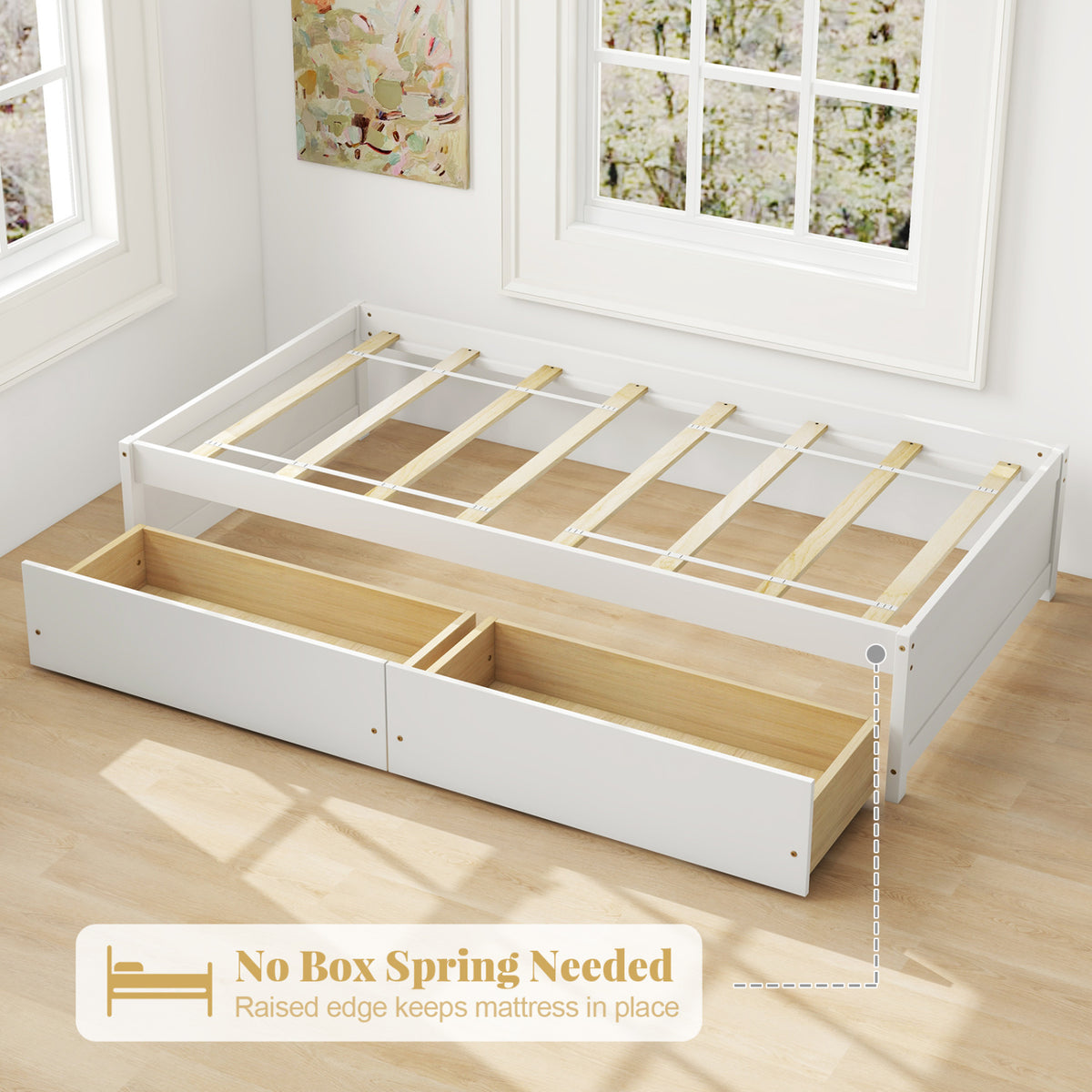 Twin Size Captain Bed with 2 Drawers and Slats Support-White-Simple Bed Frame-DECOROLALA