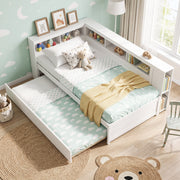 Twin Size Daybed Platform Bed Frame with Trundle and Bedside Shelves-White-Trundle Bed Frame-DECOROLALA