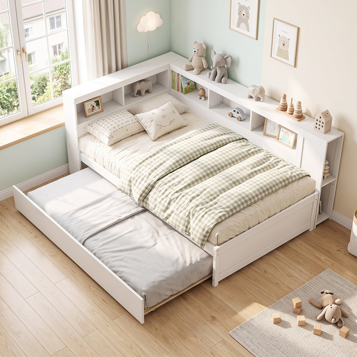 Twin Size Daybed Platform Bed Frame with Trundle and Bedside Shelves-White-Trundle Bed Frame-DECOROLALA