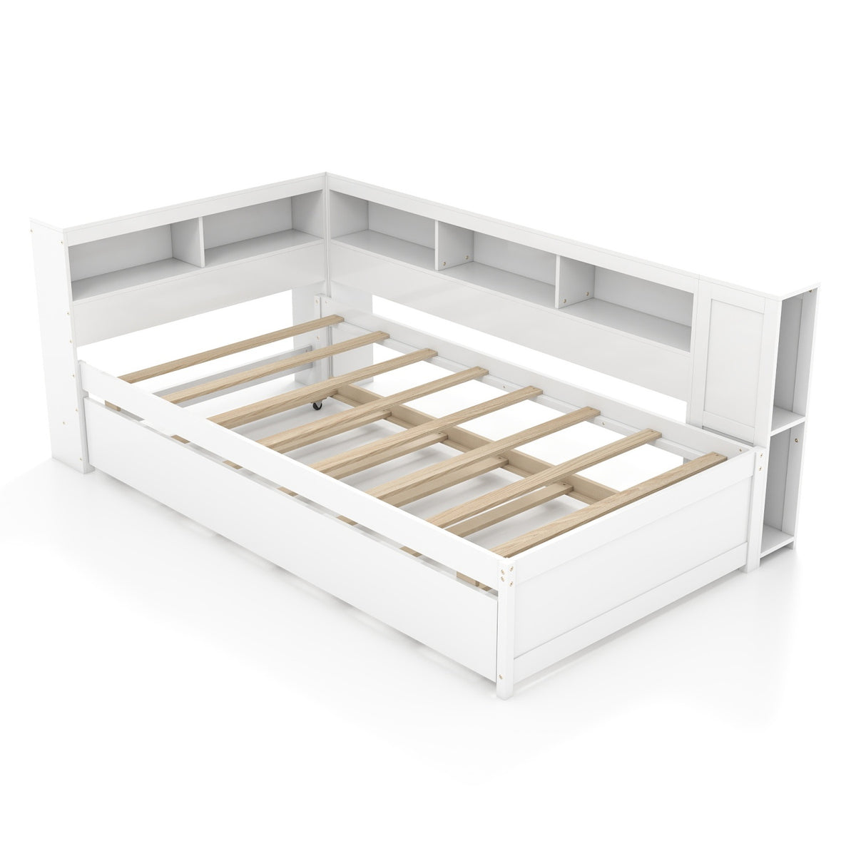 Twin Size Daybed Platform Bed Frame with Trundle and Bedside Shelves-White-Trundle Bed Frame-DECOROLALA