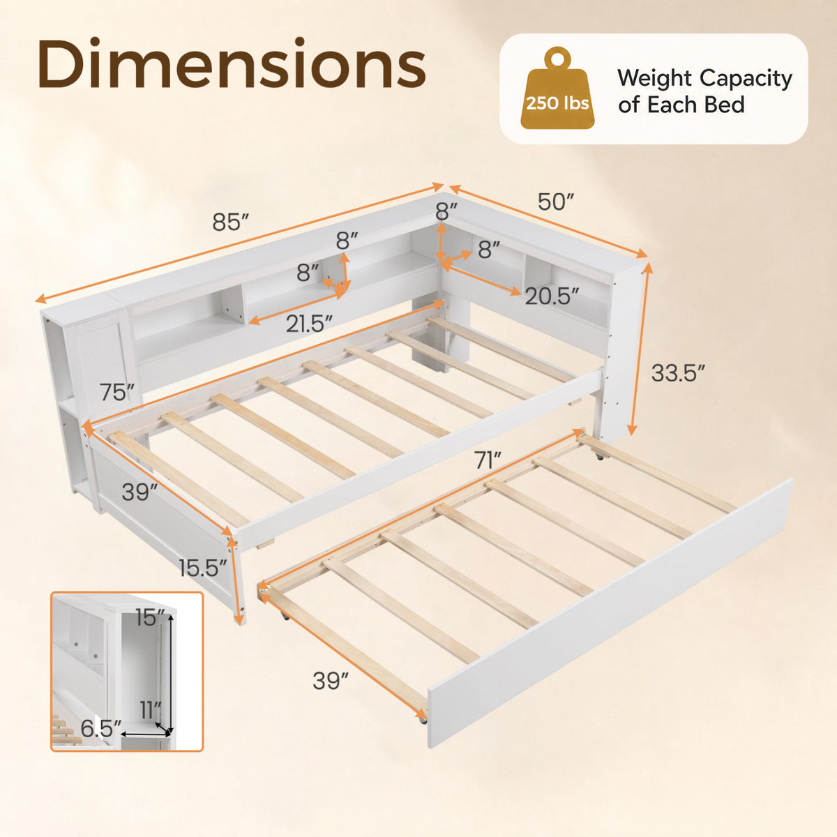 Twin Size Daybed Platform Bed Frame with Trundle and Bedside Shelves-White-Trundle Bed Frame-DECOROLALA