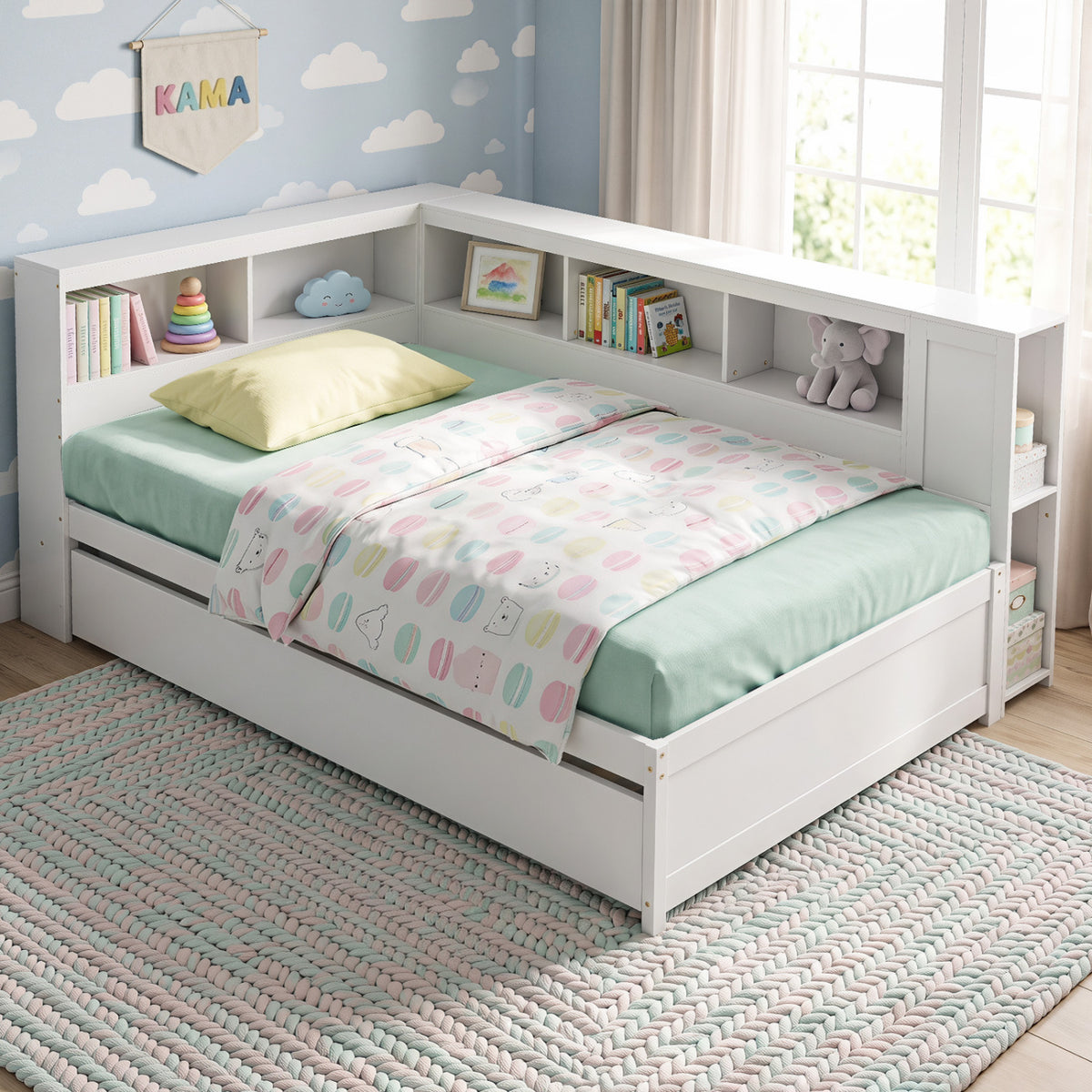 Twin Size Daybed Platform Bed Frame with Trundle and Bedside Shelves-White-Trundle Bed Frame-DECOROLALA