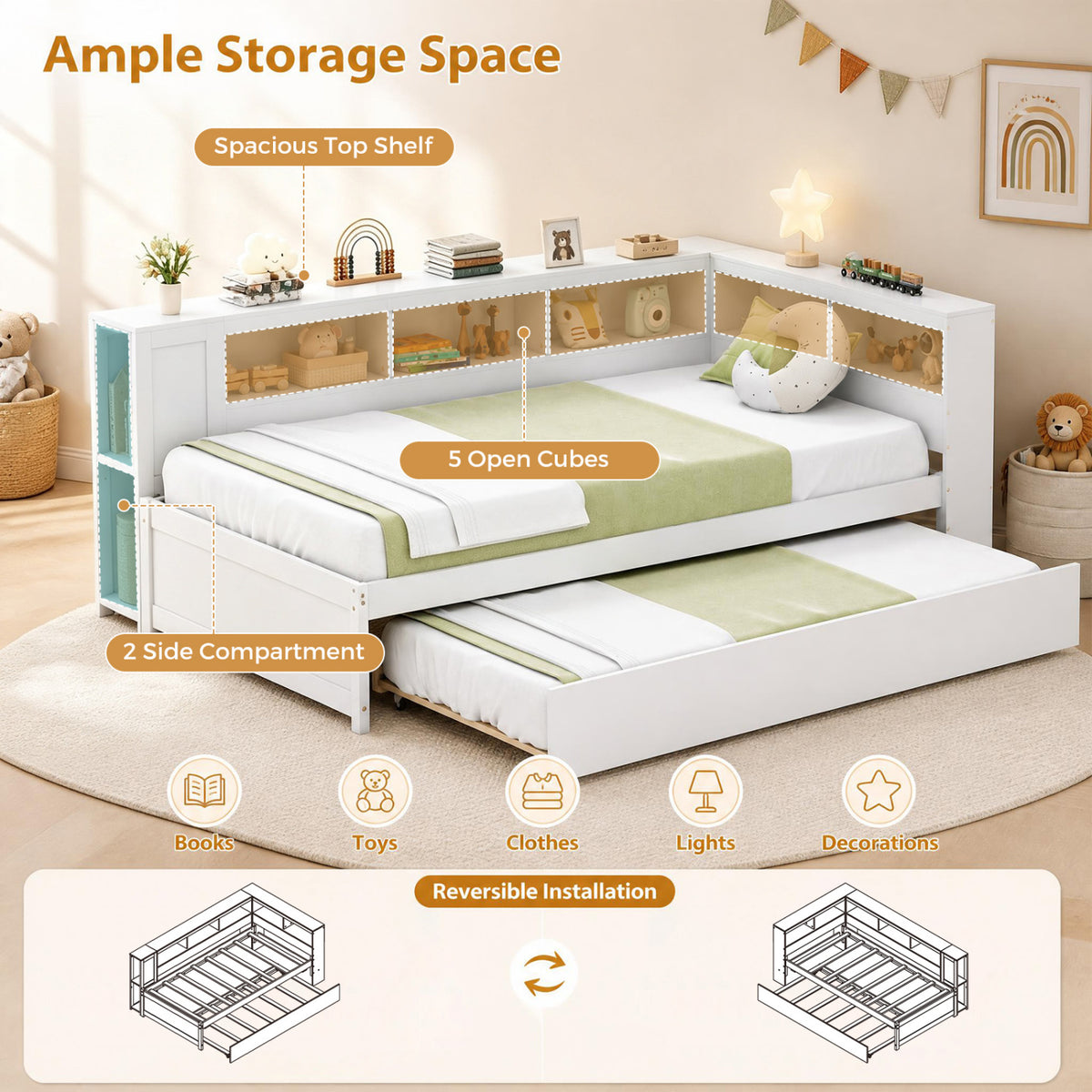 Twin Size Daybed Platform Bed Frame with Trundle and Bedside Shelves-White-Trundle Bed Frame-DECOROLALA