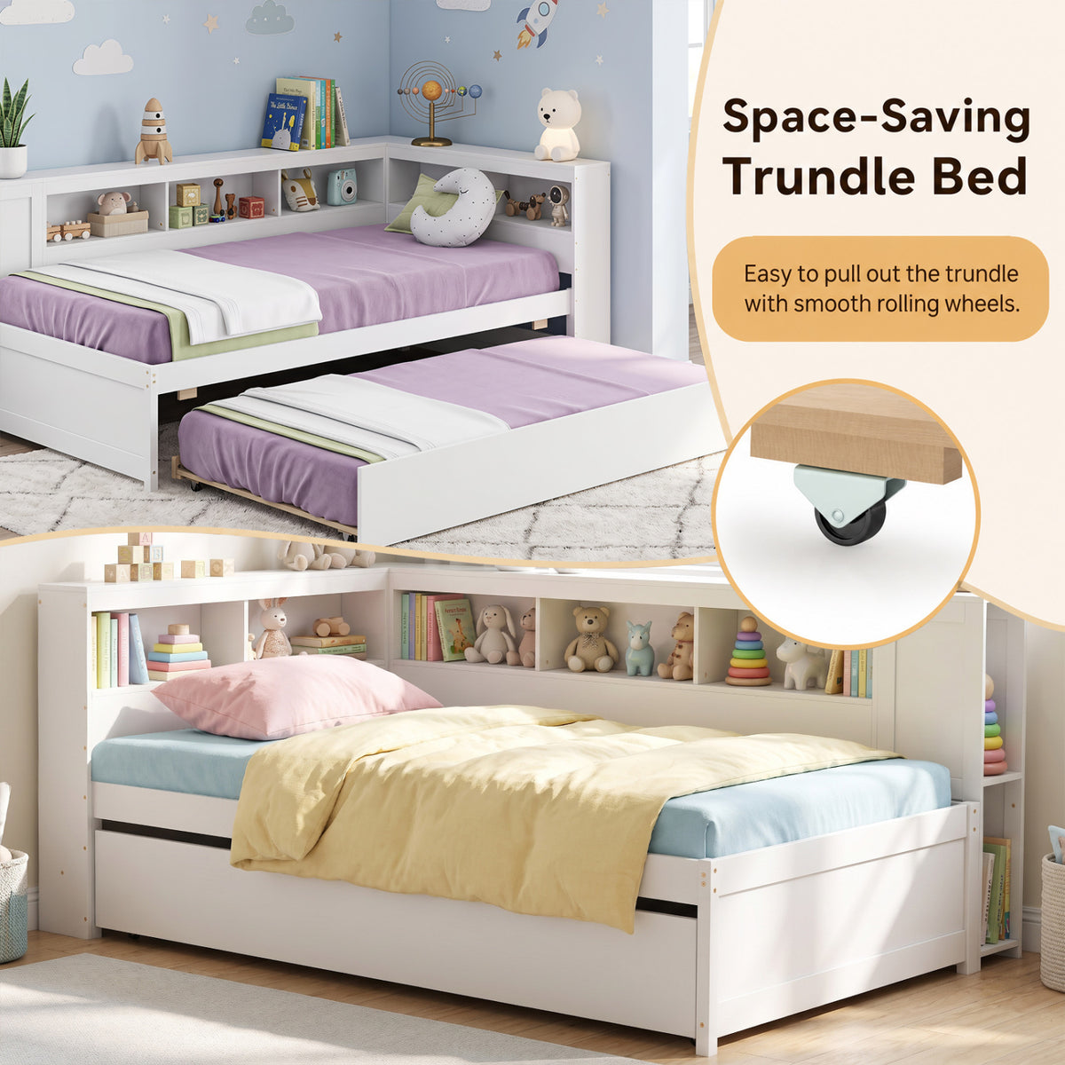 Twin Size Daybed Platform Bed Frame with Trundle and Bedside Shelves-White-Trundle Bed Frame-DECOROLALA