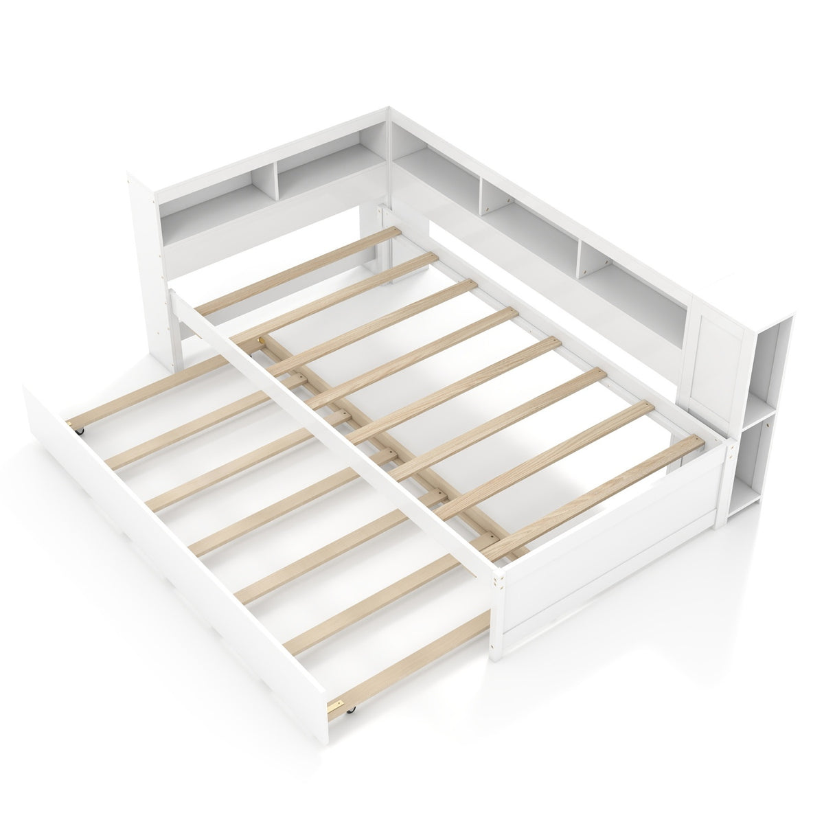 Twin Size Daybed Platform Bed Frame with Trundle and Bedside Shelves-White-Trundle Bed Frame-DECOROLALA