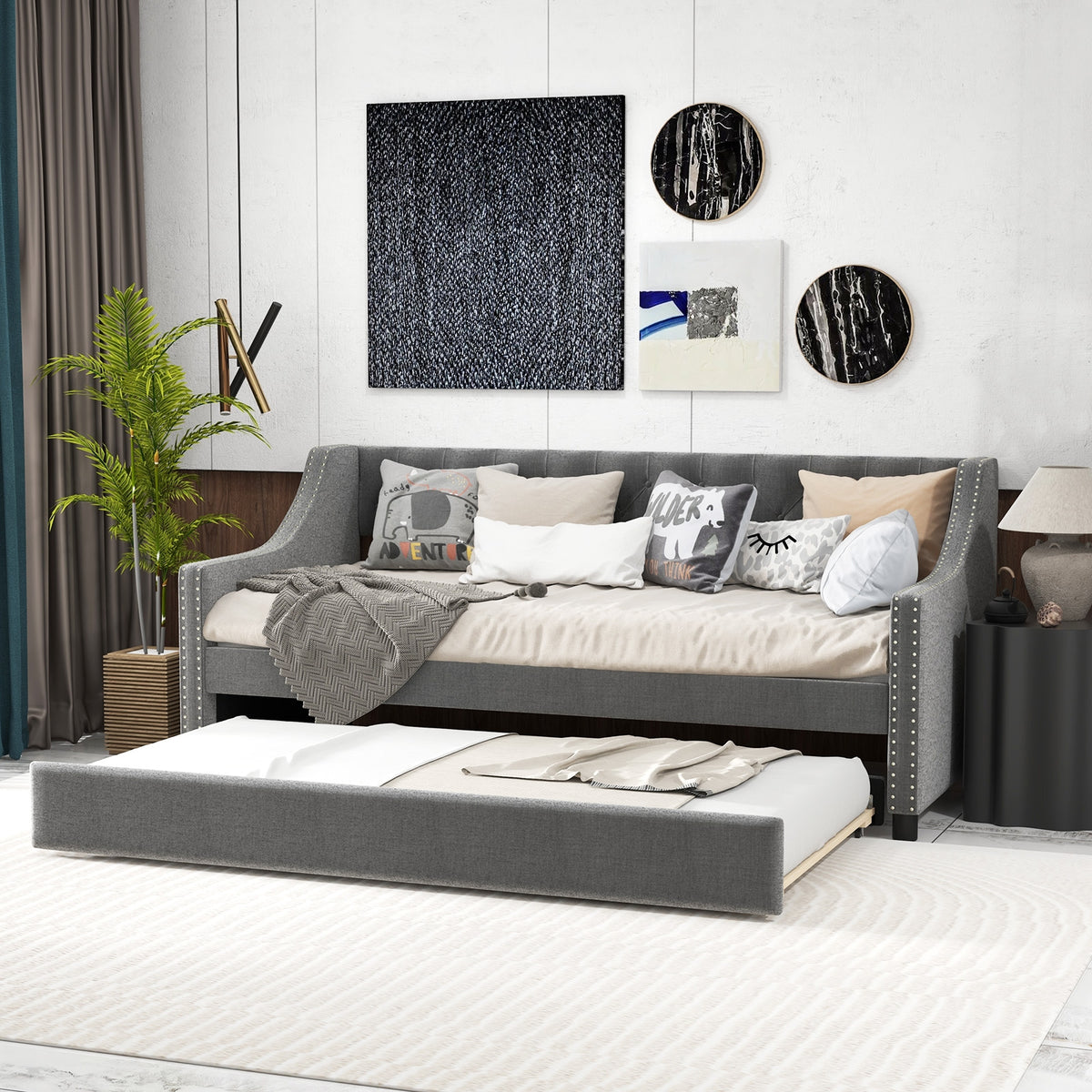 Twin Size Daybed with Trundle Sofa Bed with Curved Armrests and Backrest-Gray-Trundle Bed Frame-DECOROLALA