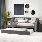 Twin Size Daybed with Trundle Sofa Bed with Curved Armrests and Backrest-Gray-Trundle Bed Frame-DECOROLALA