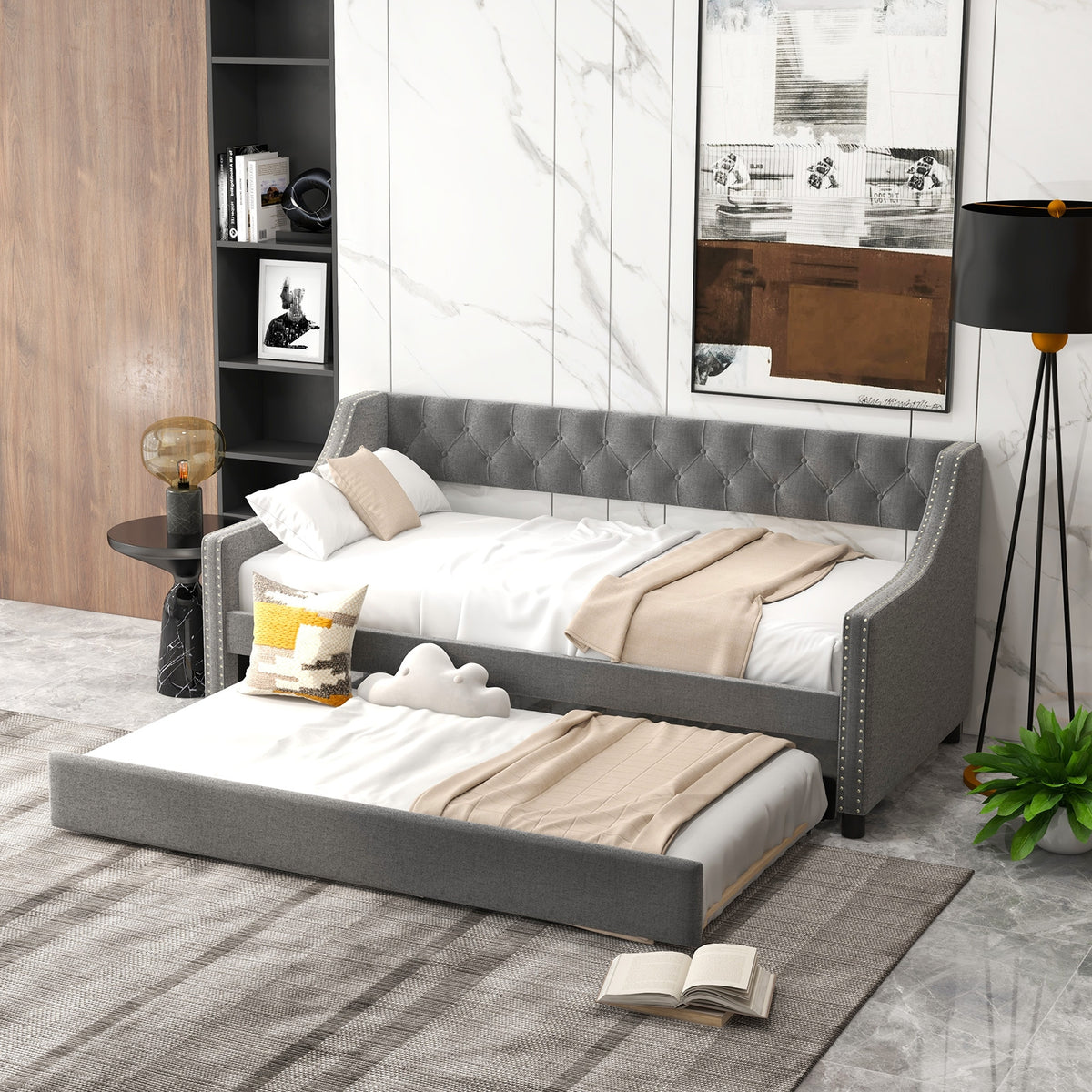 Twin Size Daybed with Trundle Sofa Bed with Curved Armrests and Backrest-Gray-Trundle Bed Frame-DECOROLALA