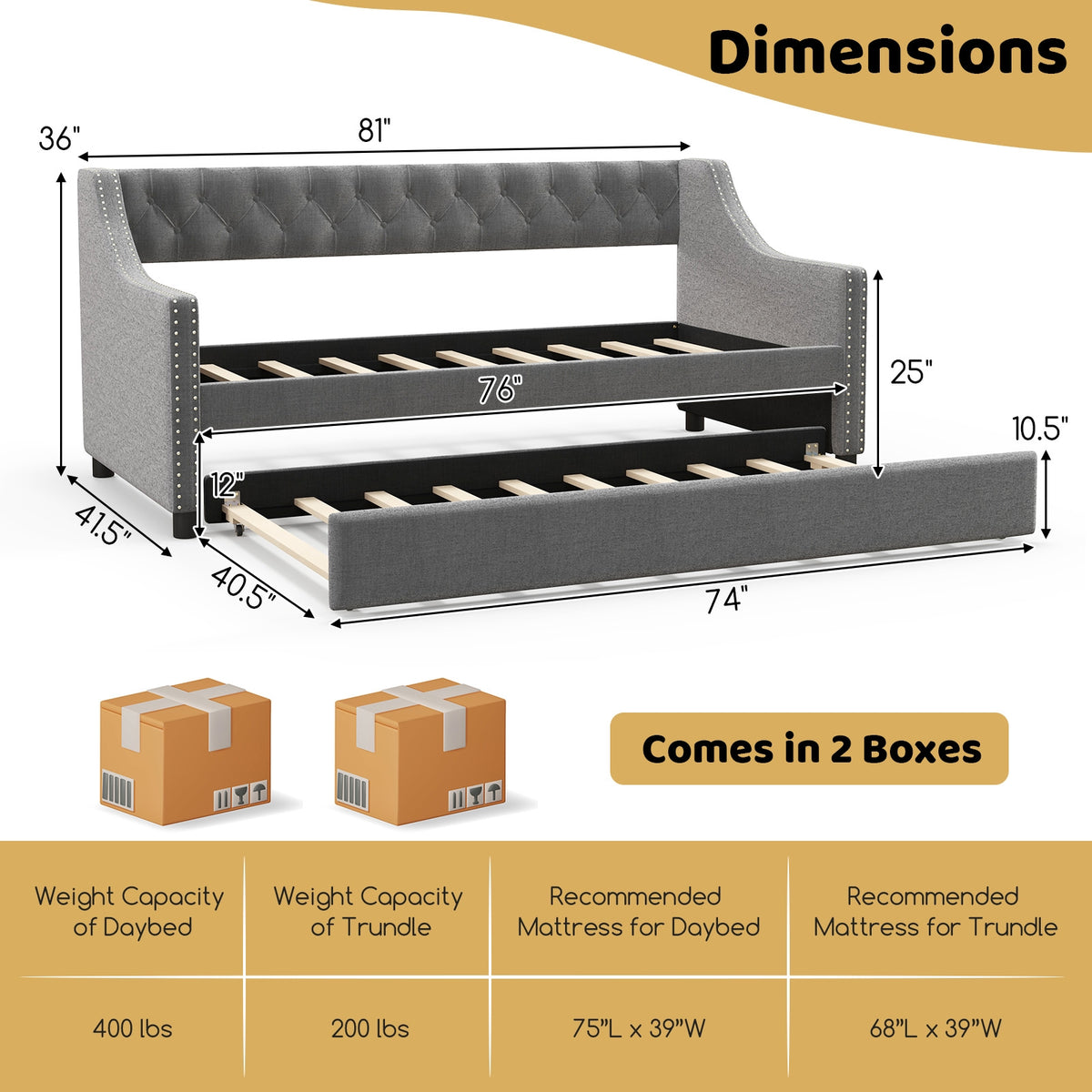 Twin Size Daybed with Trundle Sofa Bed with Curved Armrests and Backrest-Gray-Trundle Bed Frame-DECOROLALA