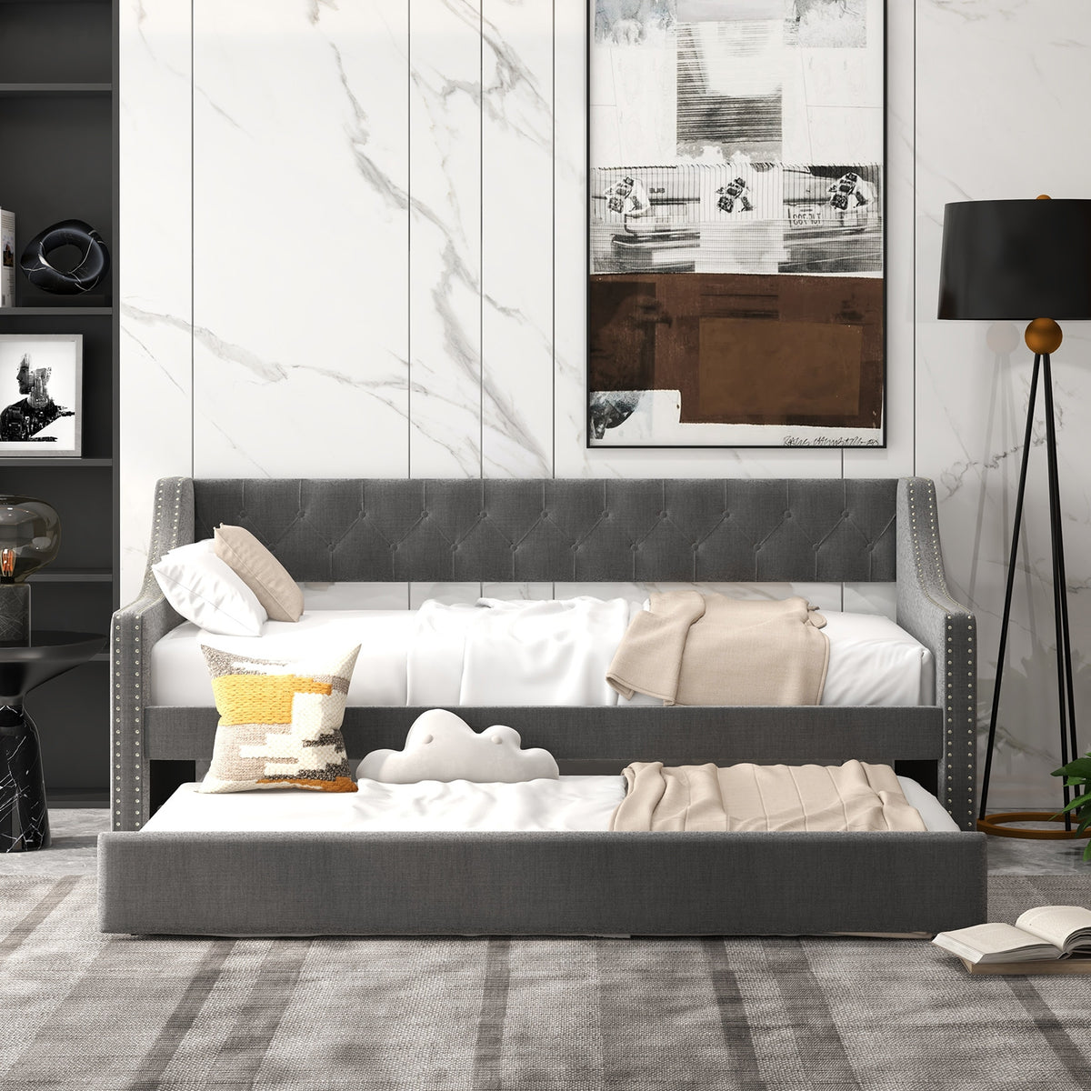 Twin Size Daybed with Trundle Sofa Bed with Curved Armrests and Backrest-Gray-Trundle Bed Frame-DECOROLALA