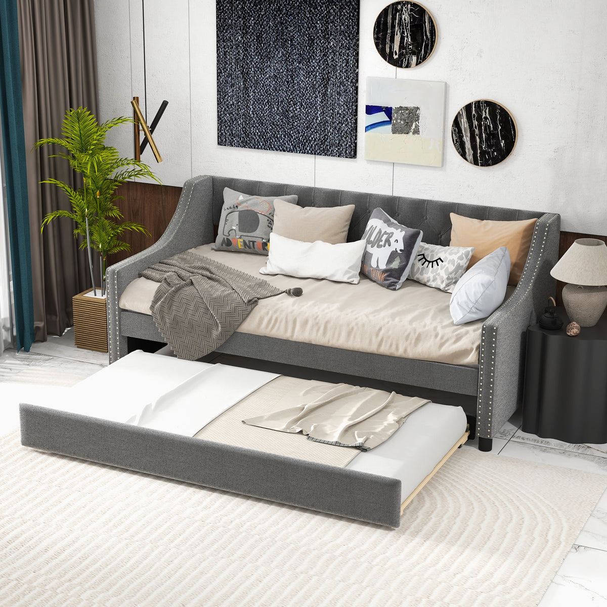 Twin Size Daybed with Trundle Sofa Bed with Curved Armrests and Backrest-Gray-Trundle Bed Frame-DECOROLALA