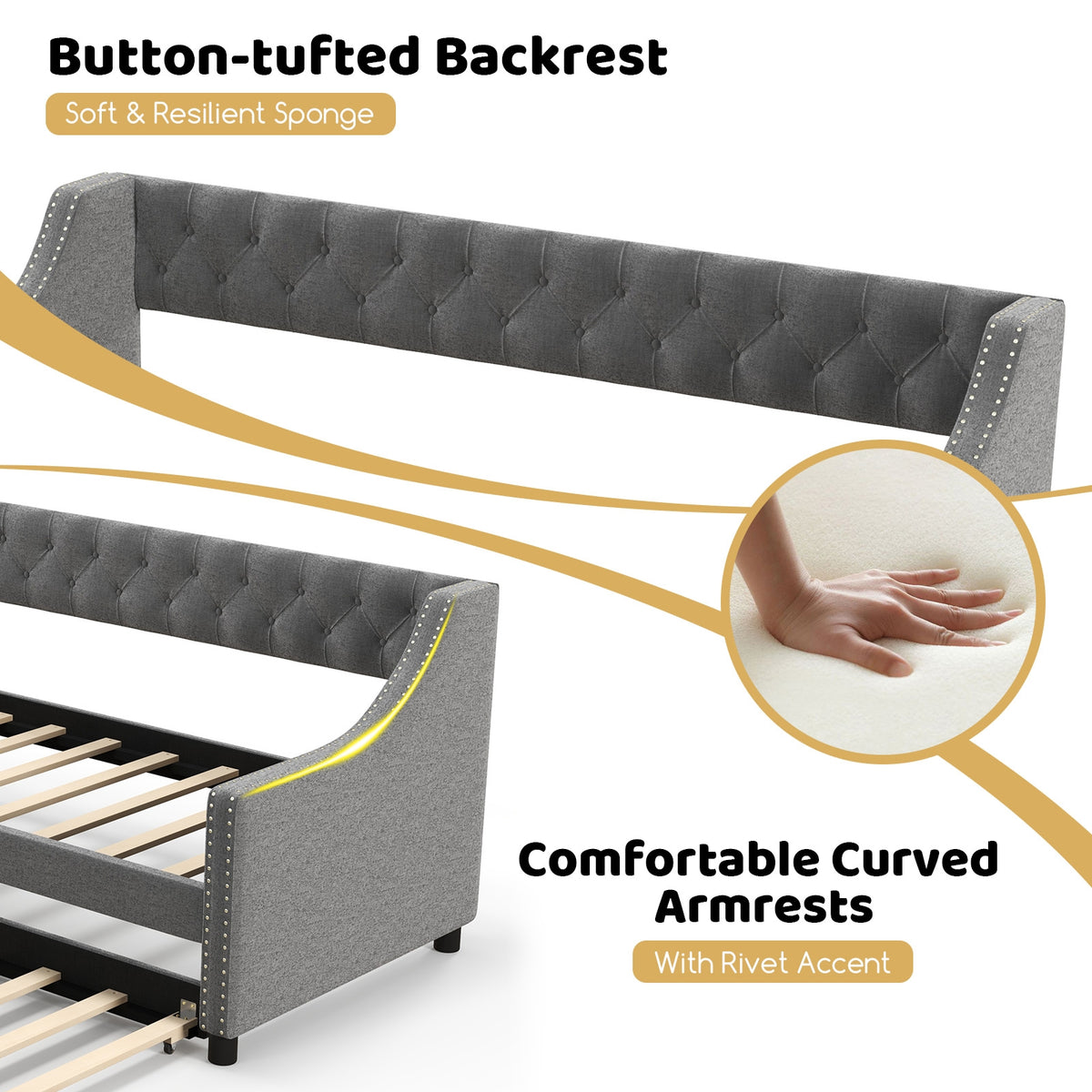 Twin Size Daybed with Trundle Sofa Bed with Curved Armrests and Backrest-Gray-Trundle Bed Frame-DECOROLALA