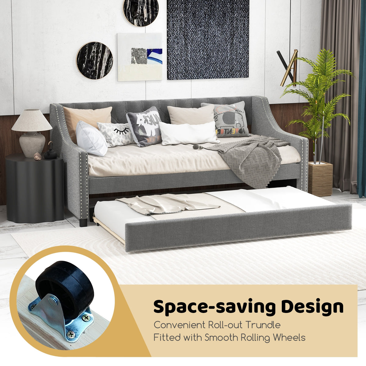 Twin Size Daybed with Trundle Sofa Bed with Curved Armrests and Backrest-Gray-Trundle Bed Frame-DECOROLALA