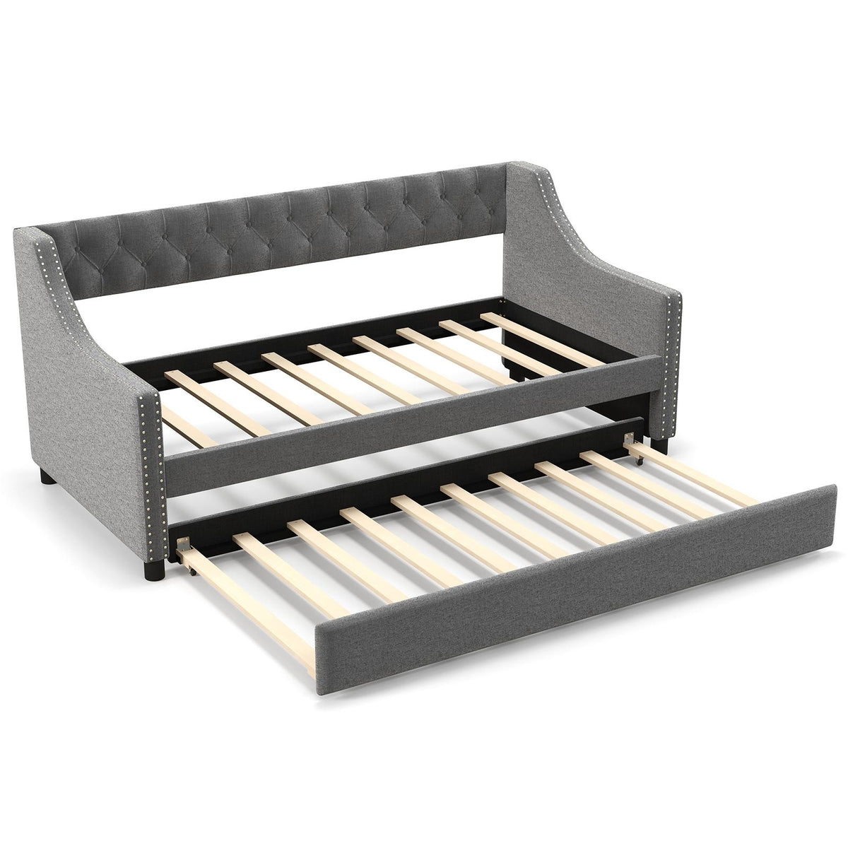 Twin Size Daybed with Trundle Sofa Bed with Curved Armrests and Backrest-Gray-Trundle Bed Frame-DECOROLALA